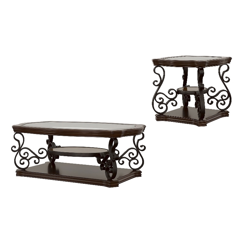 Pemberly Row 2-piece Glass Top Coffee and End Table Set in Dark Merlot