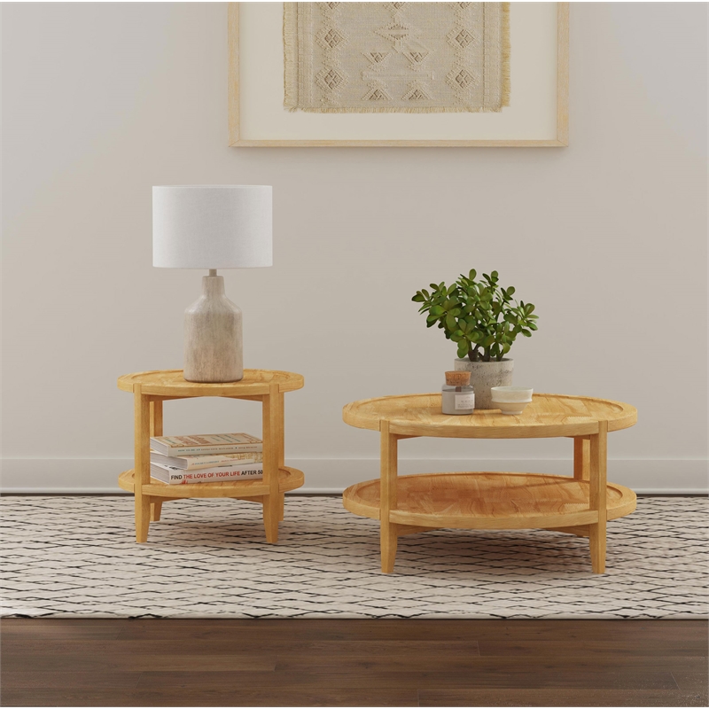 Pemberly Row 2-piece Round Rubberwood Coffee and End Table Set in Maple