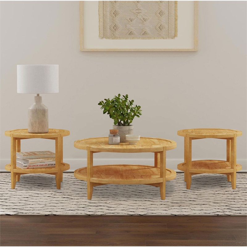 Pemberly Row 3-piece Round Rubberwood Coffee and End Table Set in Maple