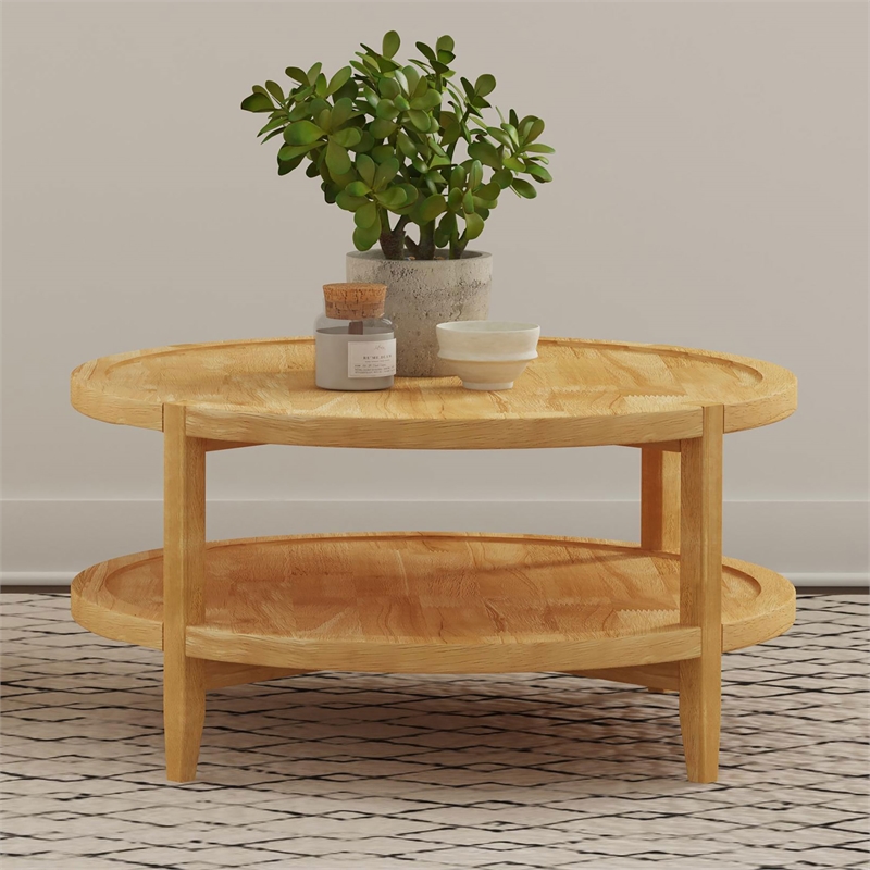 Pemberly Row Round Solid Wood Coffee Table with Lower Shelf in Maple Brown