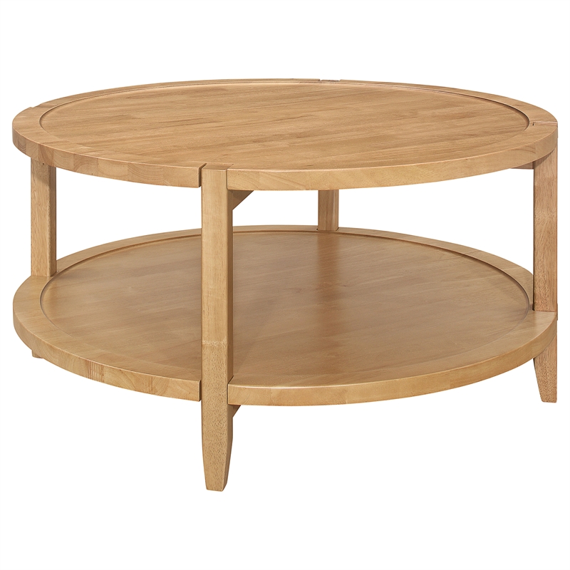 Pemberly Row Round Solid Wood Coffee Table with Lower Shelf in Maple Brown