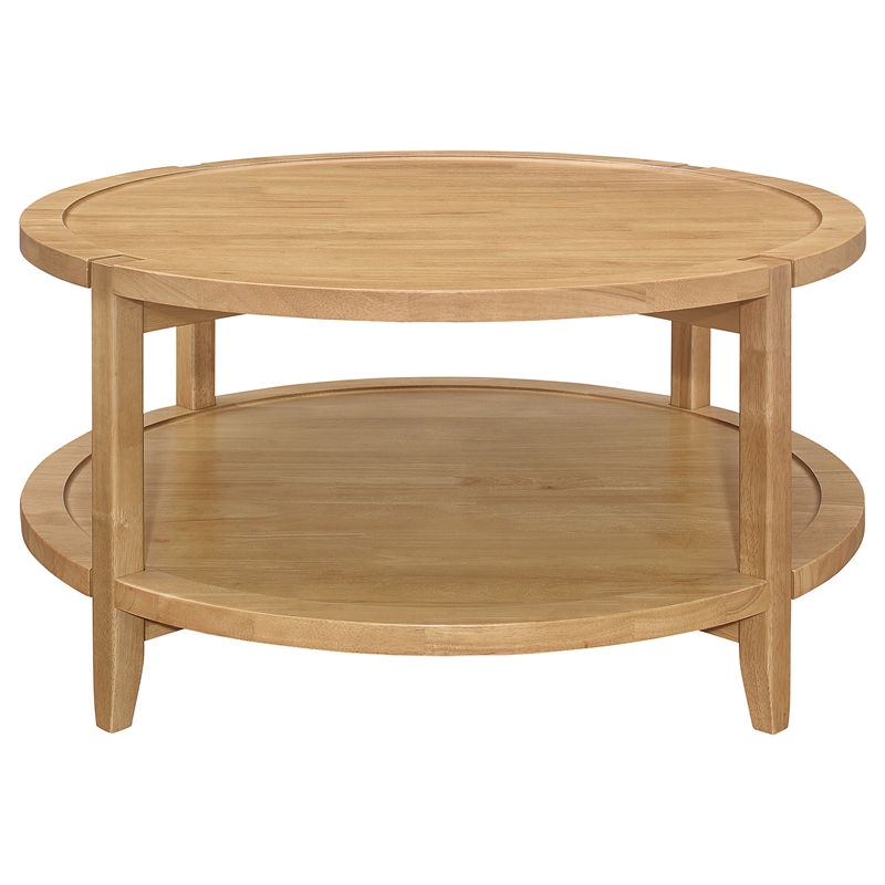 Pemberly Row Round Solid Wood Coffee Table with Lower Shelf in Maple Brown