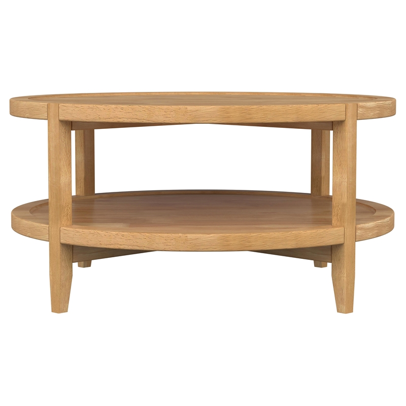 Pemberly Row Round Solid Wood Coffee Table with Lower Shelf in Maple Brown