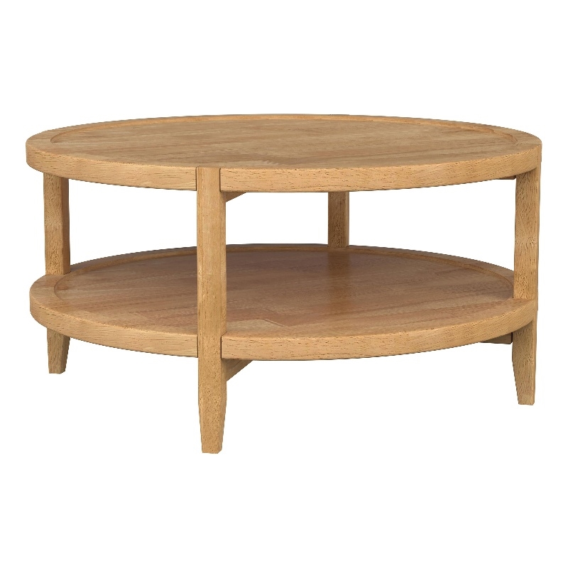Pemberly Row Round Solid Wood Coffee Table with Lower Shelf in Maple Brown