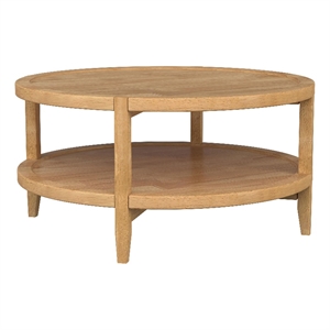 Pemberly Row Round Solid Wood Coffee Table with Lower Shelf in Maple Brown