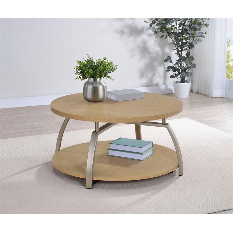 Pemberly Row Round Engineered Wood Coffee Table with Lower Shelf in Brown