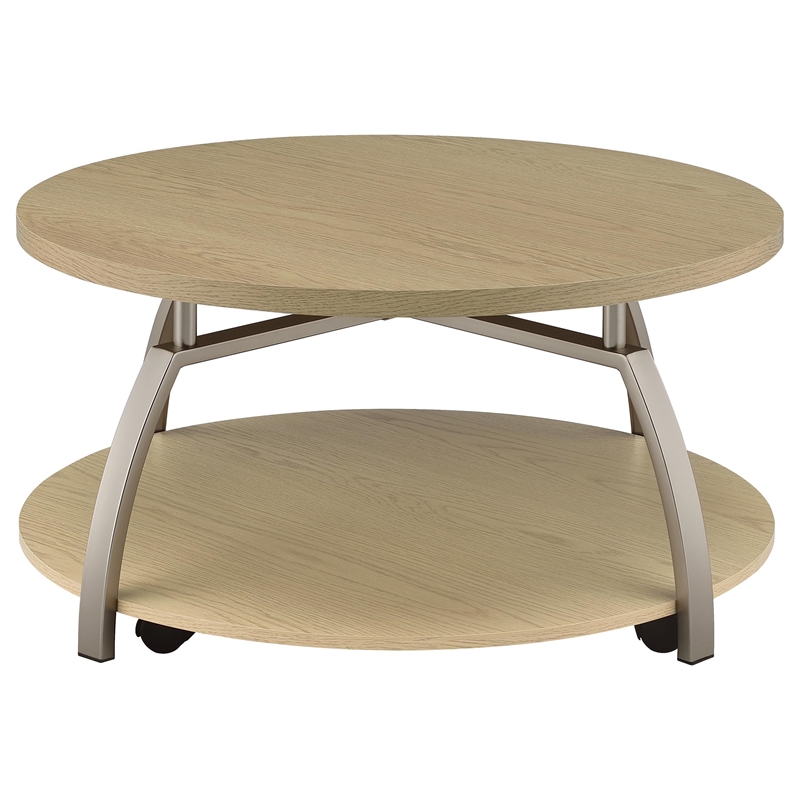 Pemberly Row Round Engineered Wood Coffee Table with Lower Shelf in Brown