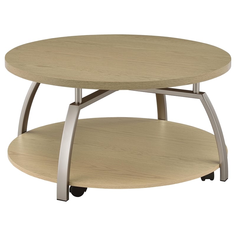 Pemberly Row Round Engineered Wood Coffee Table with Lower Shelf in Brown