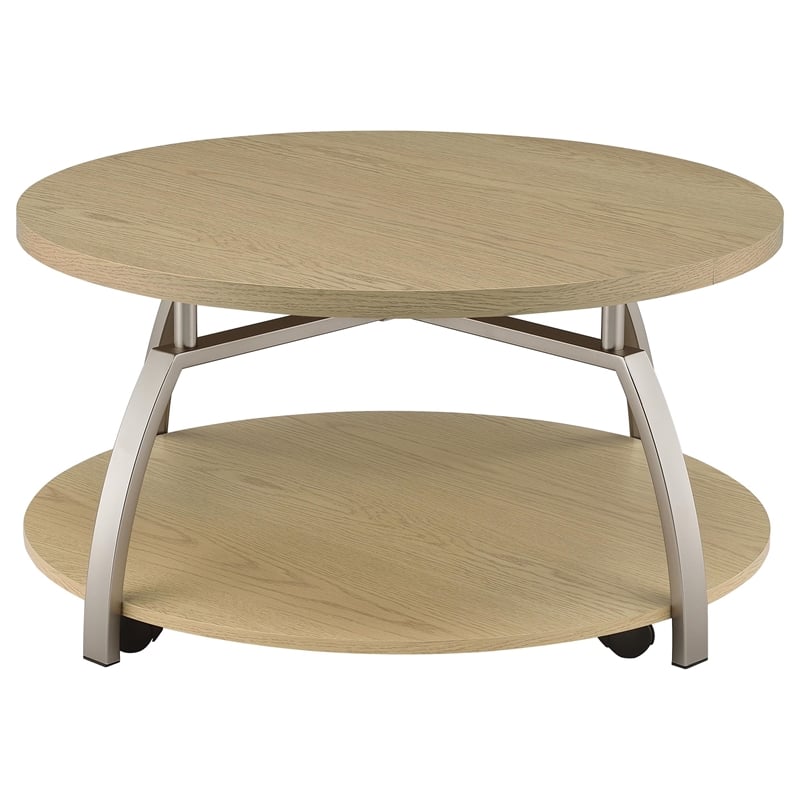 Pemberly Row Round Engineered Wood Coffee Table with Lower Shelf in Brown