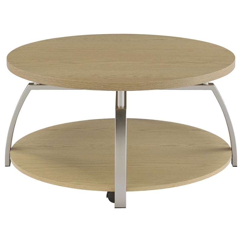 Pemberly Row Round Engineered Wood Coffee Table with Lower Shelf in Brown