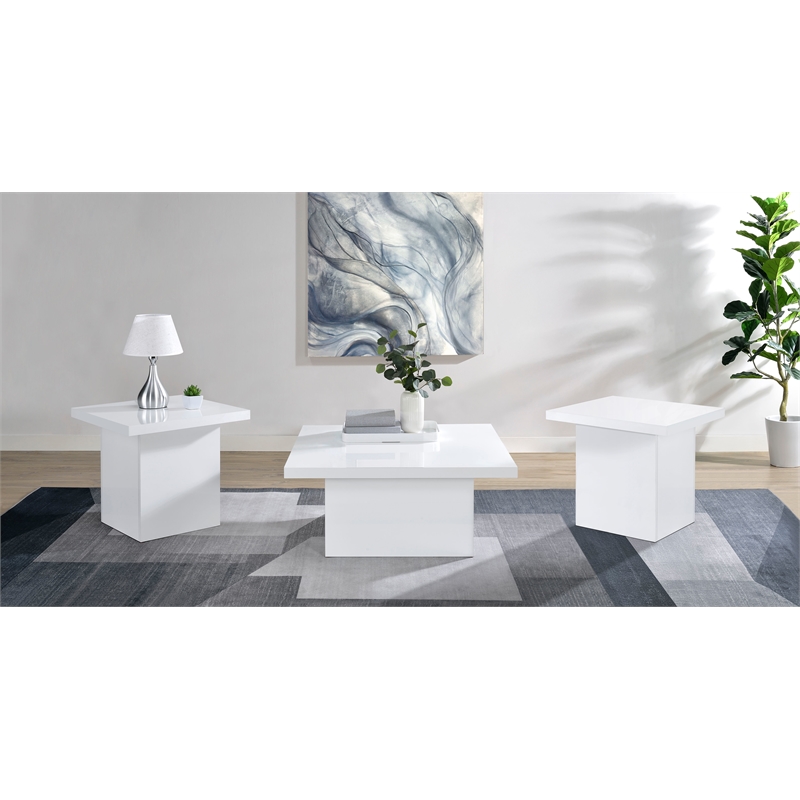 Pemberly Row 3-piece Engineered Wood Coffee Table Set in White High Gloss