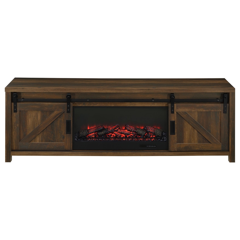 Pemberly Row 71-inch Engineered Wood TV Stand Fireplace in Dark Pine