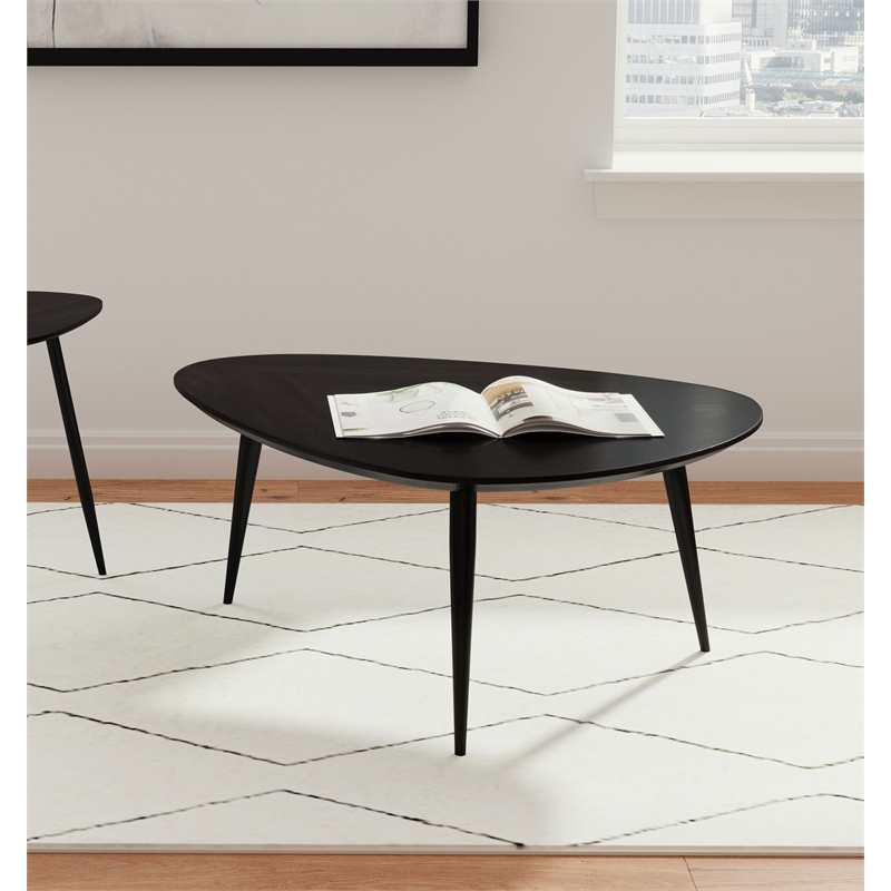 Pemberly Row Triangular Solid Mango Wood Coffee Table in Black