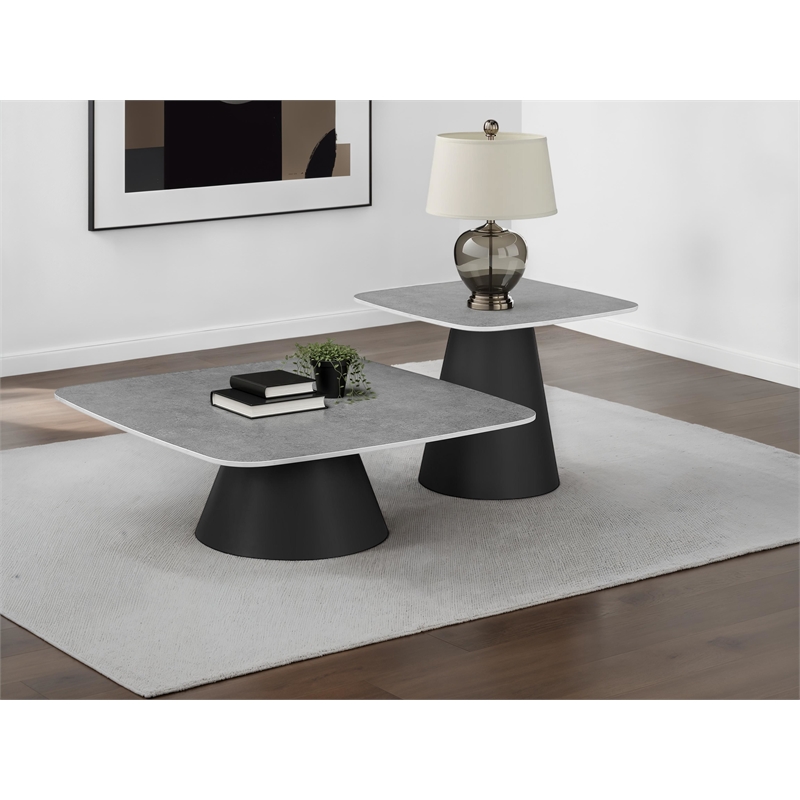Pemberly Row 2-piece Cocktail Coffee Table Set in Concrete and Black