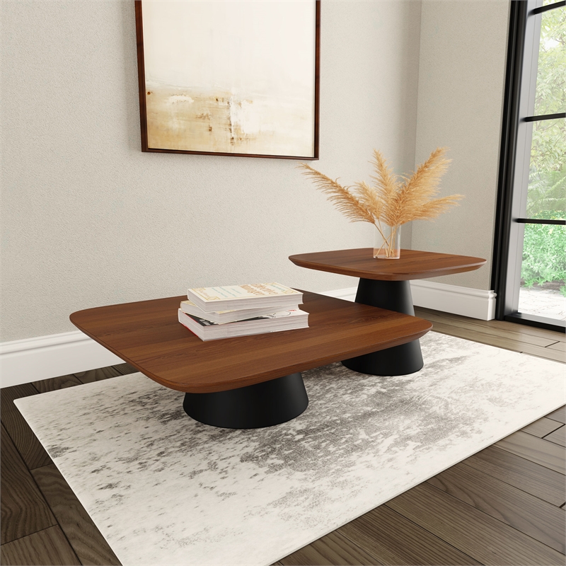 Pemberly Row 2-piece Coffee and End Table Set in Walnut and Black
