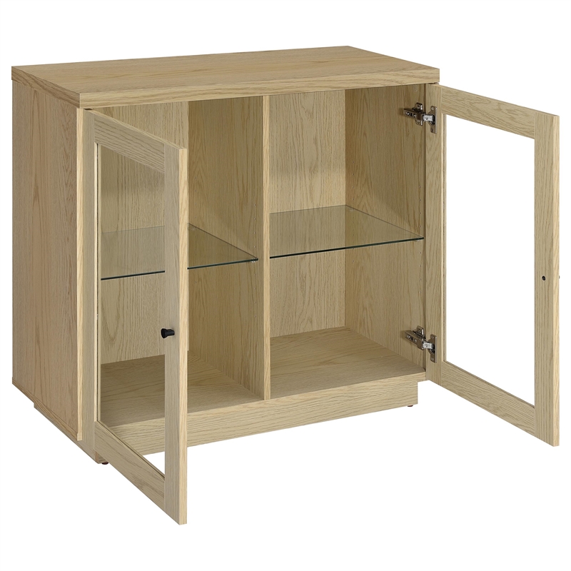Pemberly Row 2-door Glass Front Engineered Wood Accent Cabinet in Light Oak