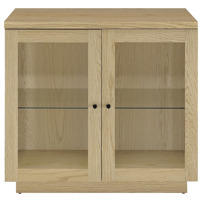 Pemberly Row 2-door Glass Front Engineered Wood Accent Cabinet in Light Oak