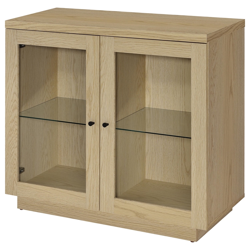 Pemberly Row 2-door Glass Front Engineered Wood Accent Cabinet in Light Oak
