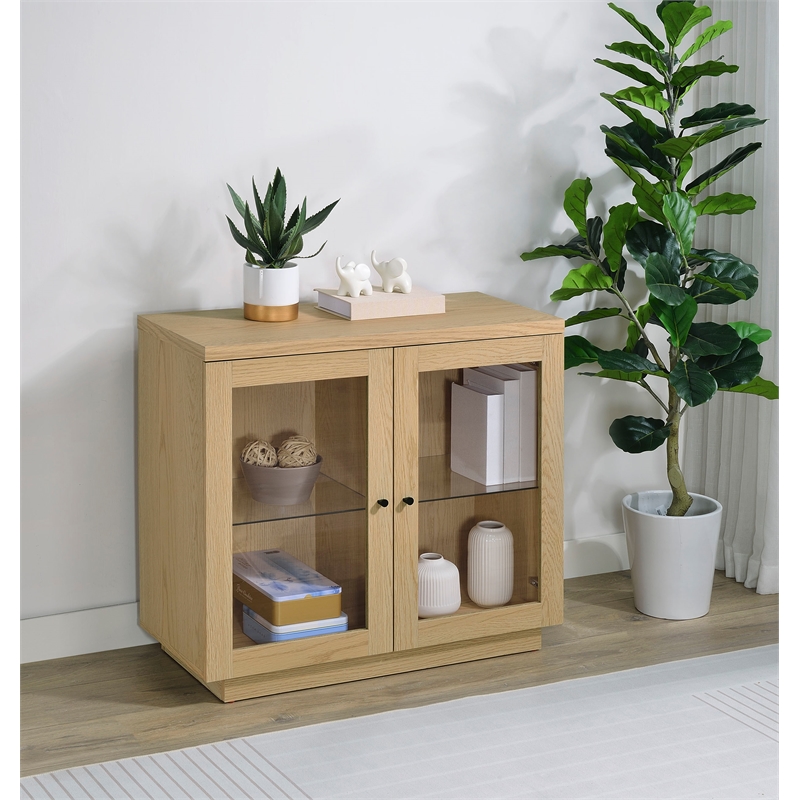 Pemberly Row 2-door Glass Front Engineered Wood Accent Cabinet in Light Oak