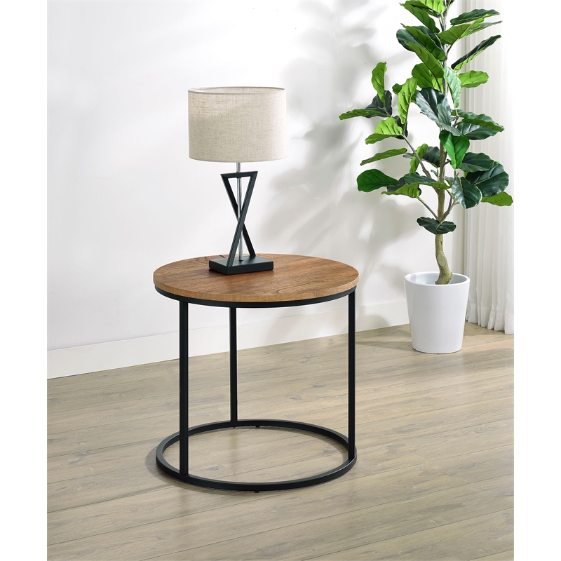 Pemberly Row Round Engineered Wood Occasional Side End Table in Mango Brown