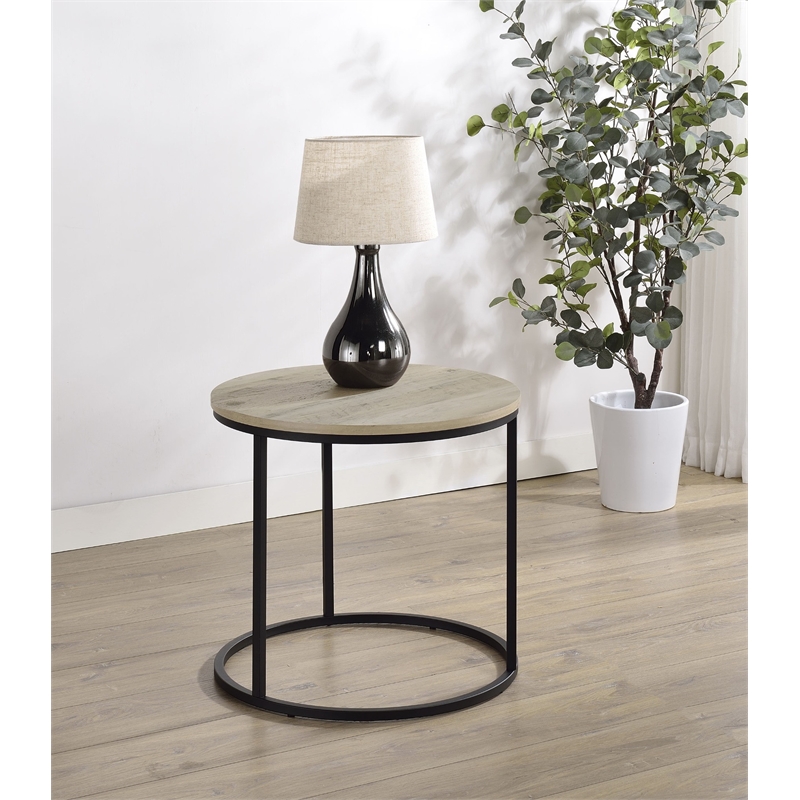 Pemberly Row Round Engineered Wood Side End Table in Distressed Pine