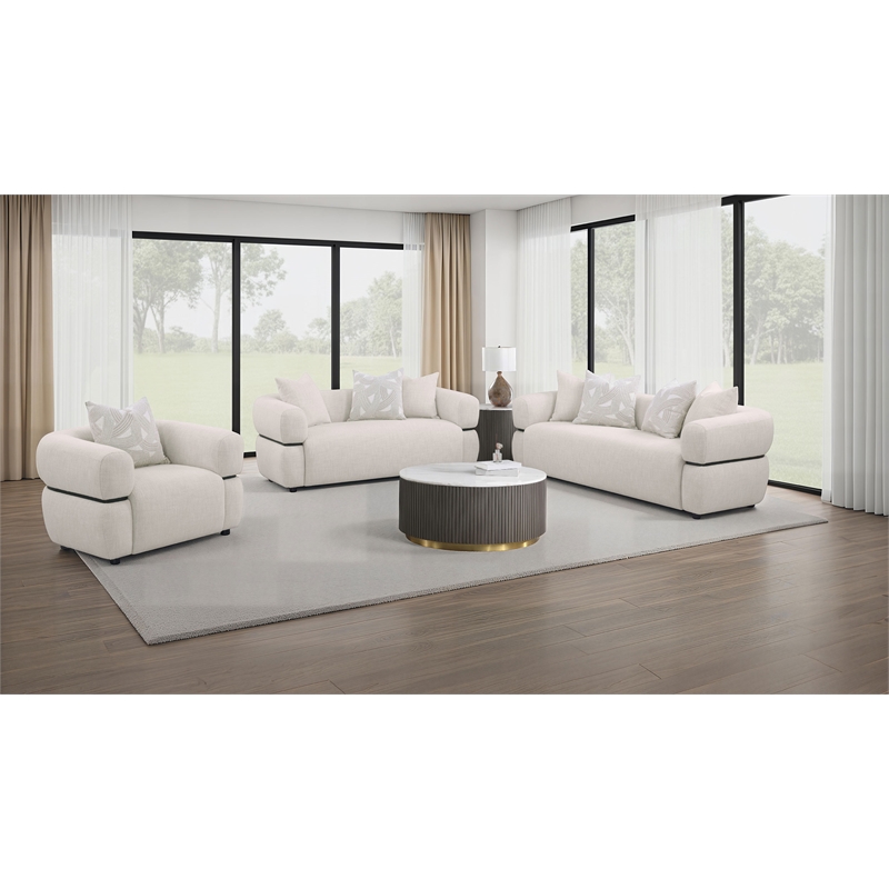 Pemberly Row 3-piece Fabric Upholstered Round Arm Sofa Set in Beige