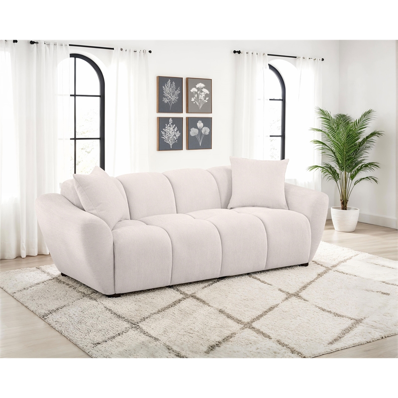 Pemberly Row Chenille Upholstered Grid-Tufted Splayed Arm Sofa in Beige