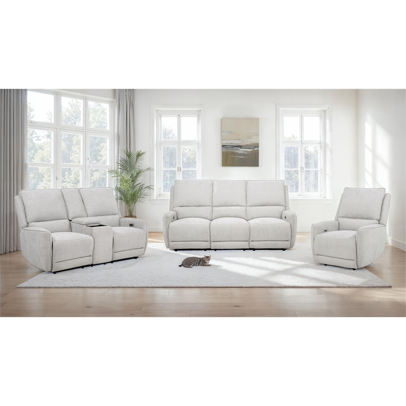Pemberly Row 3-piece Chenille Fabric Power Reclining Sofa Set in Dove Gray