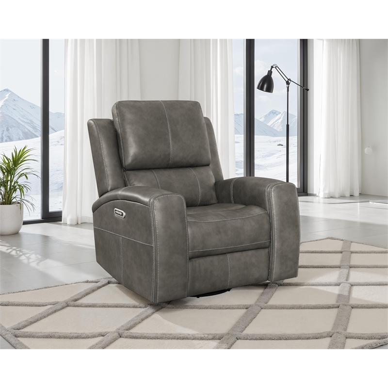 Pemberly Row Faux Leather Triple Power Swivel Glider Recliner in Charcoal