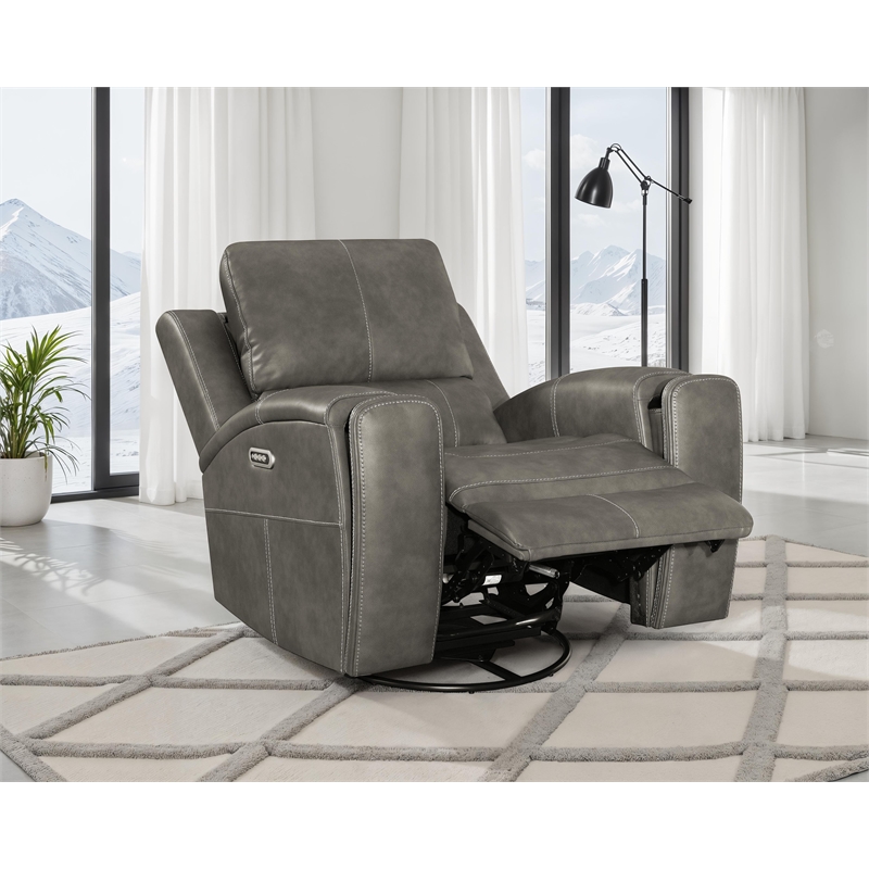 Pemberly Row Faux Leather Triple Power Swivel Glider Recliner in Charcoal
