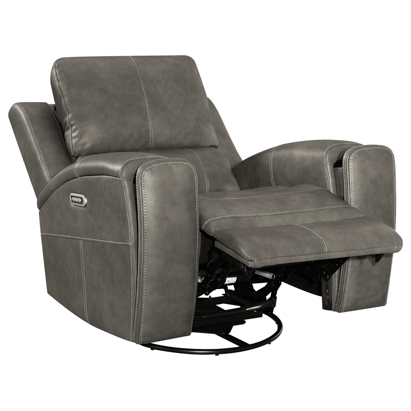 Pemberly Row Faux Leather Triple Power Swivel Glider Recliner in Charcoal