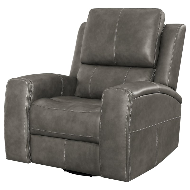 Pemberly Row Faux Leather Triple Power Swivel Glider Recliner in Charcoal