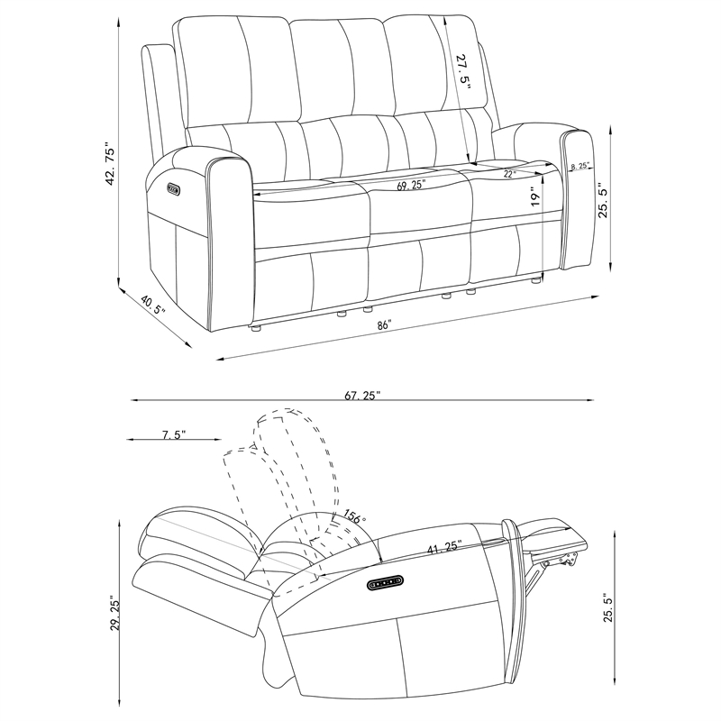 Pemberly Row Faux Leather Triple Power Reclining Sofa in Charcoal