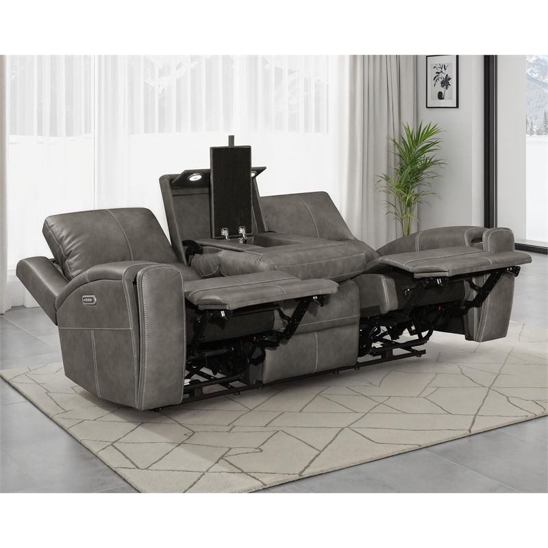 Pemberly Row Faux Leather Triple Power Reclining Sofa in Charcoal
