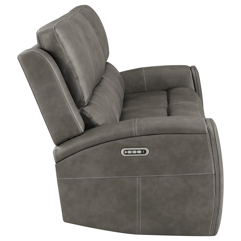 Pemberly Row Faux Leather Triple Power Reclining Sofa in Charcoal