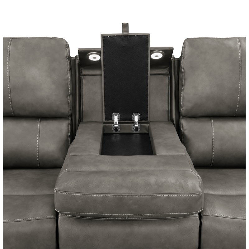 Pemberly Row Faux Leather Triple Power Reclining Sofa in Charcoal