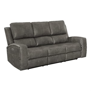 Pemberly Row Faux Leather Triple Power Reclining Sofa in Charcoal