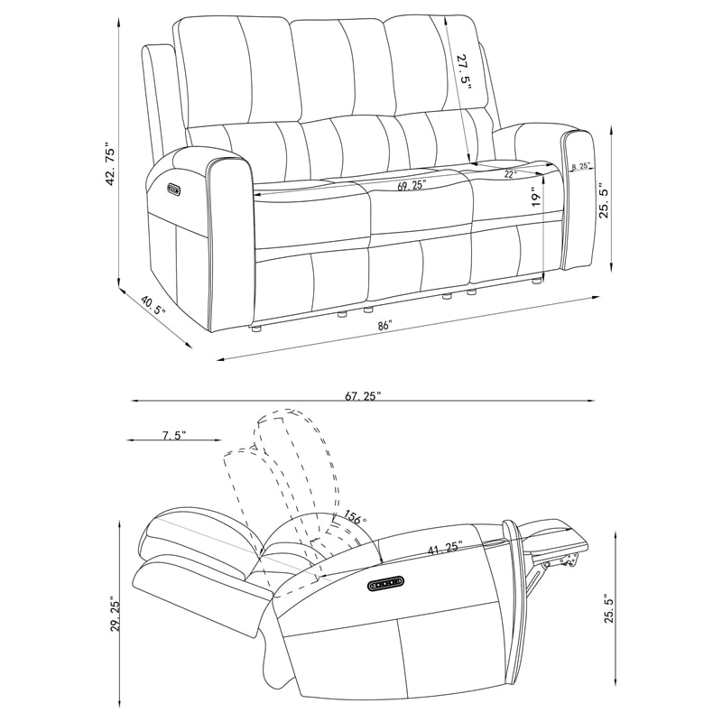 Pemberly Row Faux Leather 2 PC Triple Power Reclining Sofa Set in Charcoal