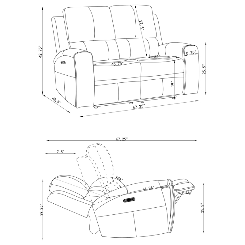 Pemberly Row Faux Leather 2 PC Triple Power Reclining Sofa Set in Charcoal