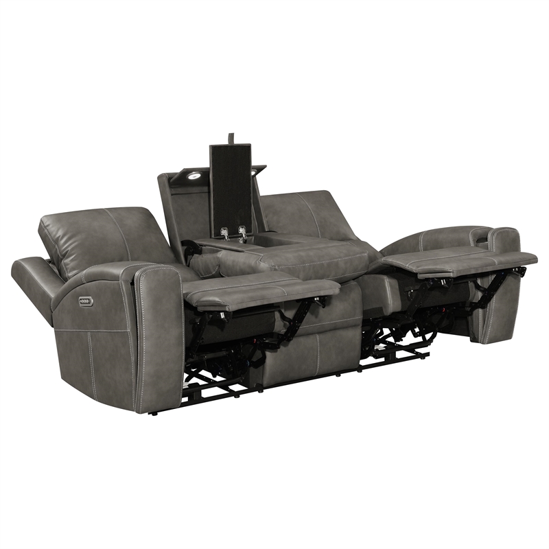 Pemberly Row Faux Leather 2 PC Triple Power Reclining Sofa Set in Charcoal