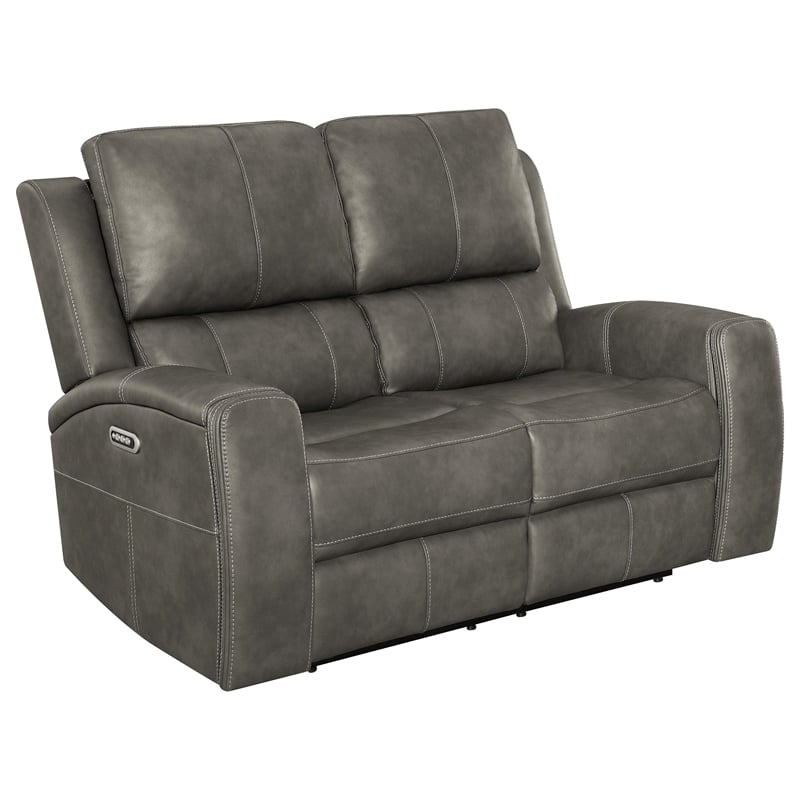 Pemberly Row Faux Leather 2 PC Triple Power Reclining Sofa Set in Charcoal