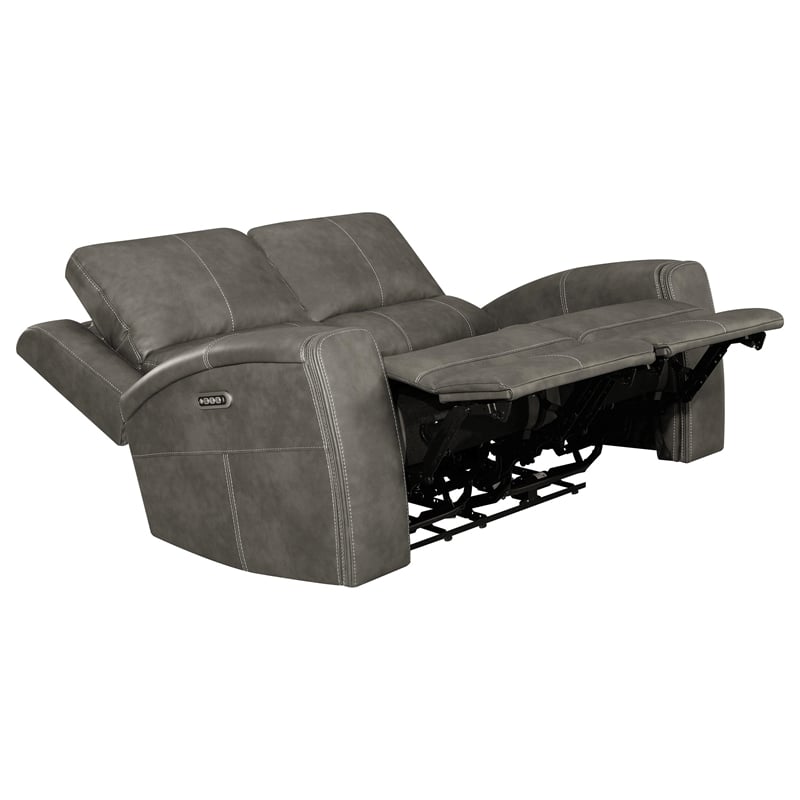 Pemberly Row Faux Leather 2 PC Triple Power Reclining Sofa Set in Charcoal
