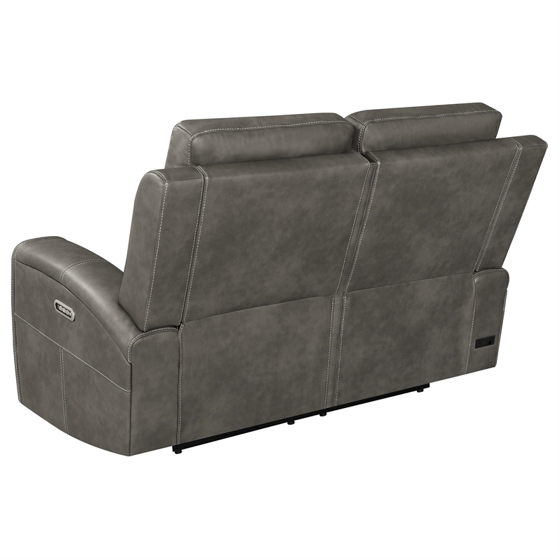 Pemberly Row Faux Leather 2 PC Triple Power Reclining Sofa Set in Charcoal