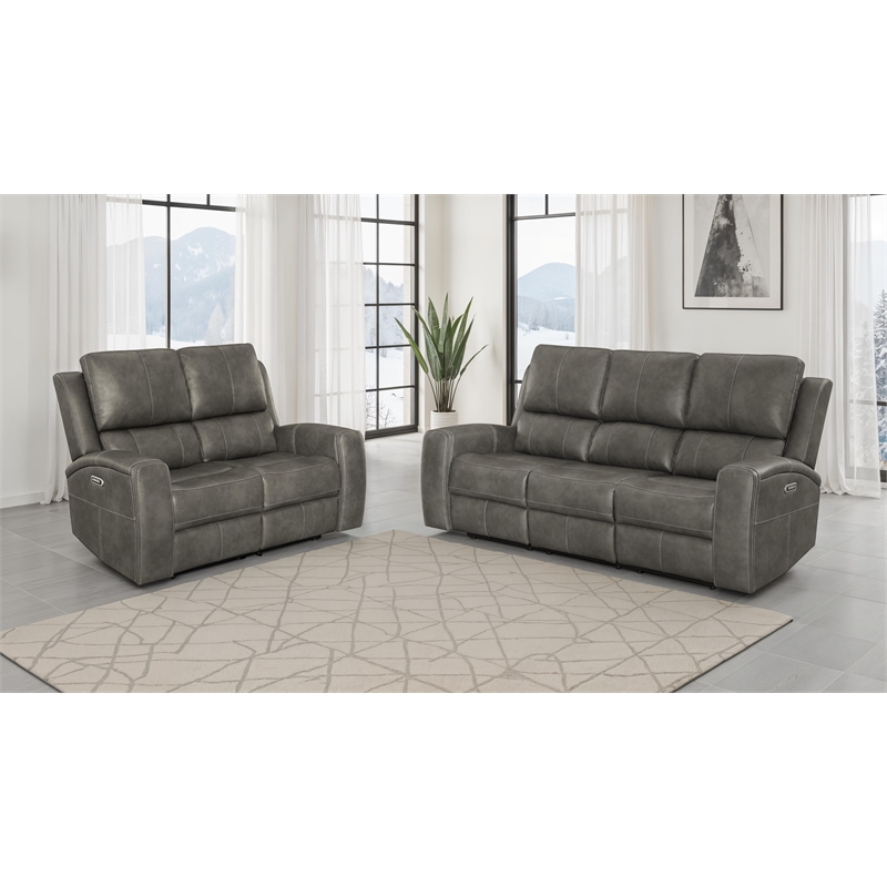 Pemberly Row Faux Leather 2 PC Triple Power Reclining Sofa Set in Charcoal