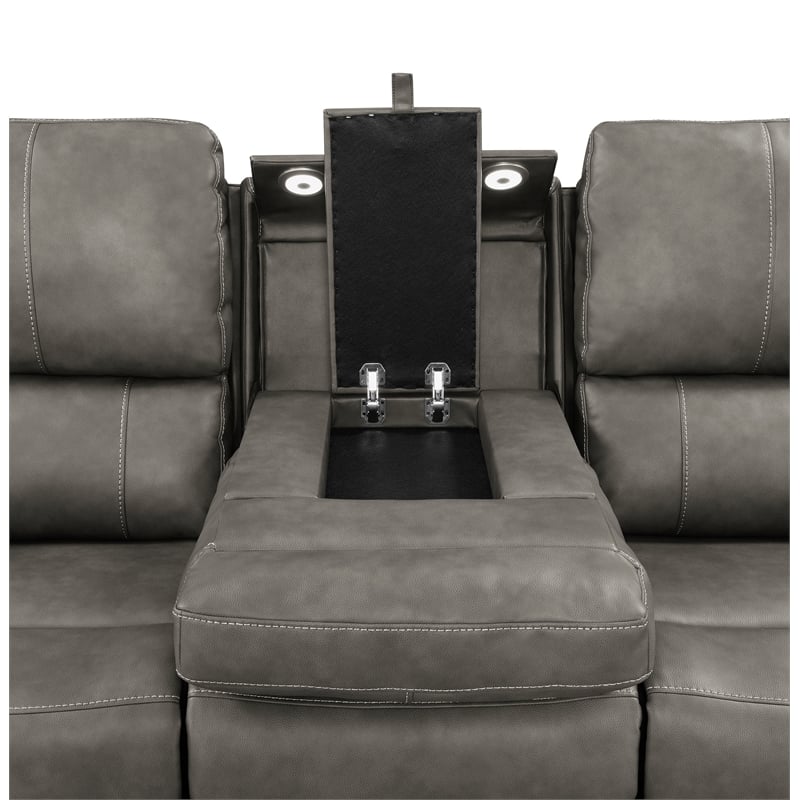 Pemberly Row Faux Leather 2 PC Triple Power Reclining Sofa Set in Charcoal