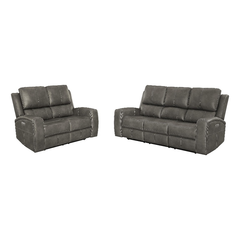 Pemberly Row Faux Leather 2 PC Triple Power Reclining Sofa Set in Charcoal