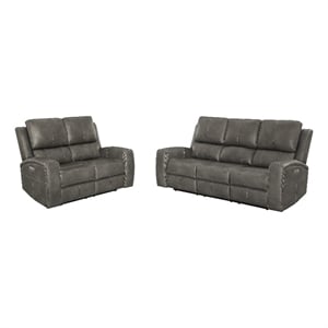 Pemberly Row Faux Leather 2 PC Triple Power Reclining Sofa Set in Charcoal