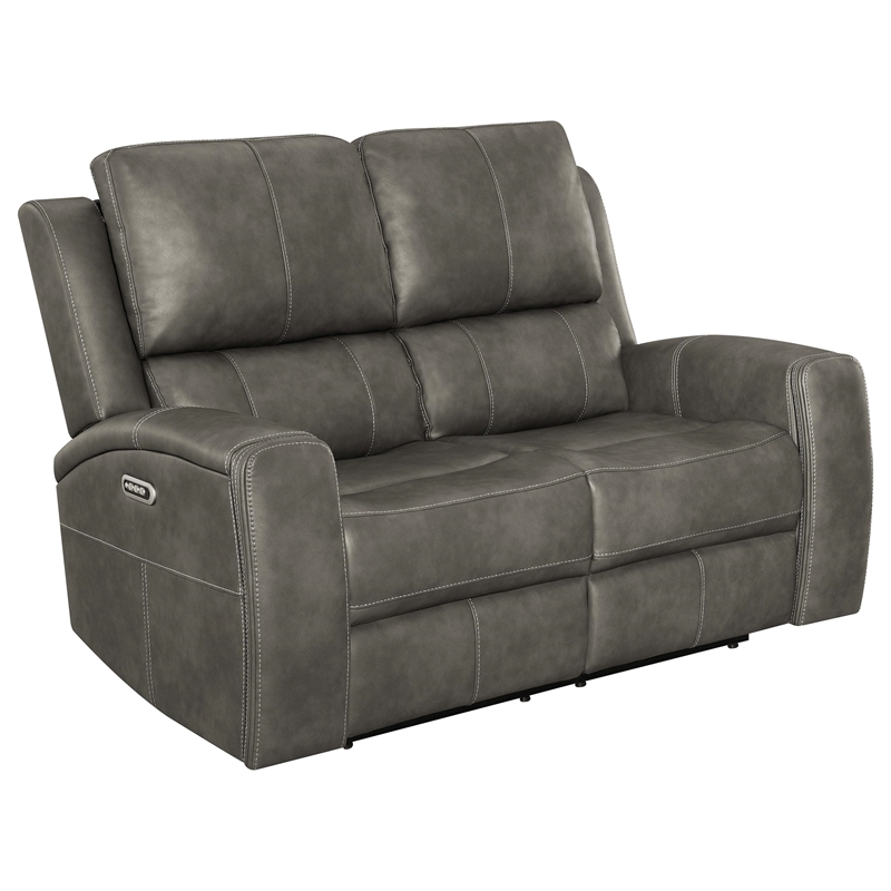 Pemberly Row Faux Leather 3 PC Triple Power Reclining Sofa Set in Charcoal