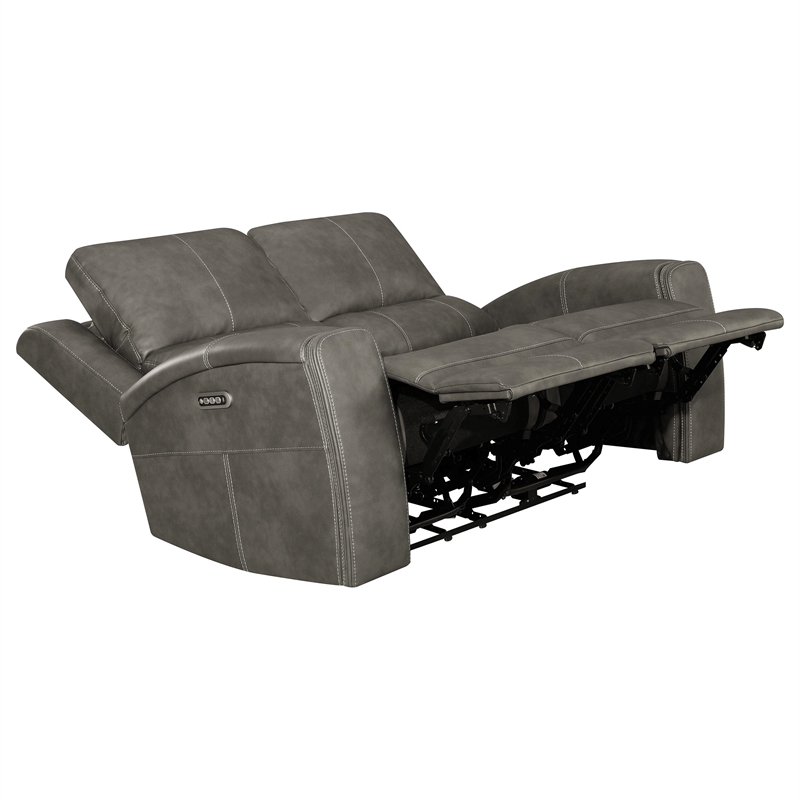 Pemberly Row Faux Leather 3 PC Triple Power Reclining Sofa Set in Charcoal