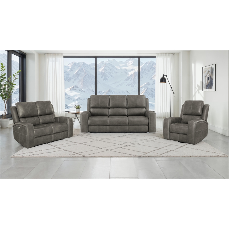 Pemberly Row Faux Leather 3 PC Triple Power Reclining Sofa Set in Charcoal